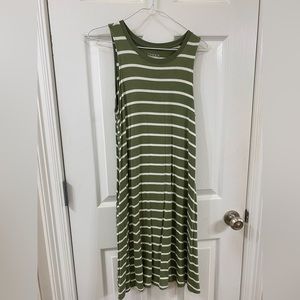 Green and white, sleeveless dress.